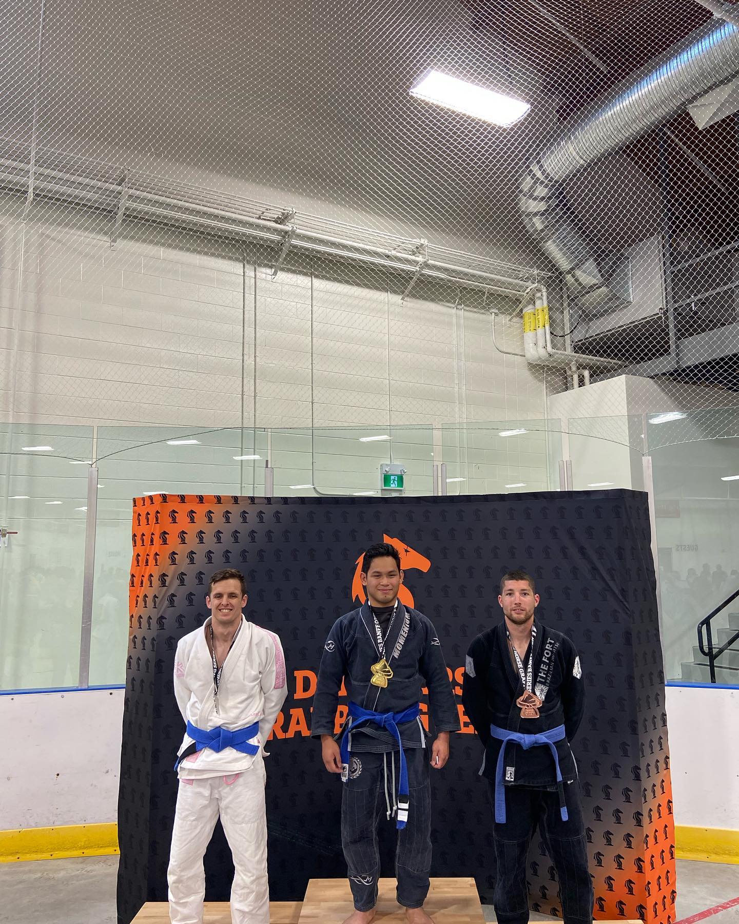 Three blue-belt competitors wearing medals pose in front of a Dark Horse Grappling Series backdrop.