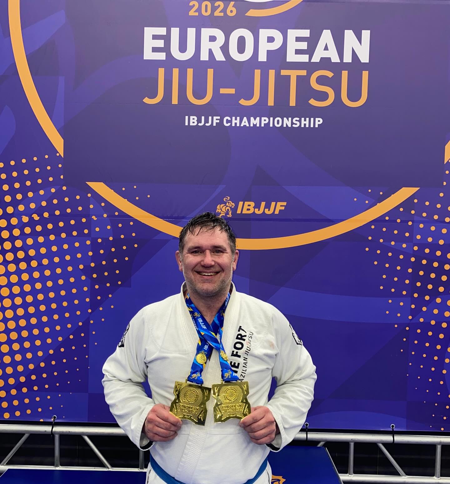 Jeremy Fresz holding two gold medals at the 2026 European Jiu-Jitsu Championship