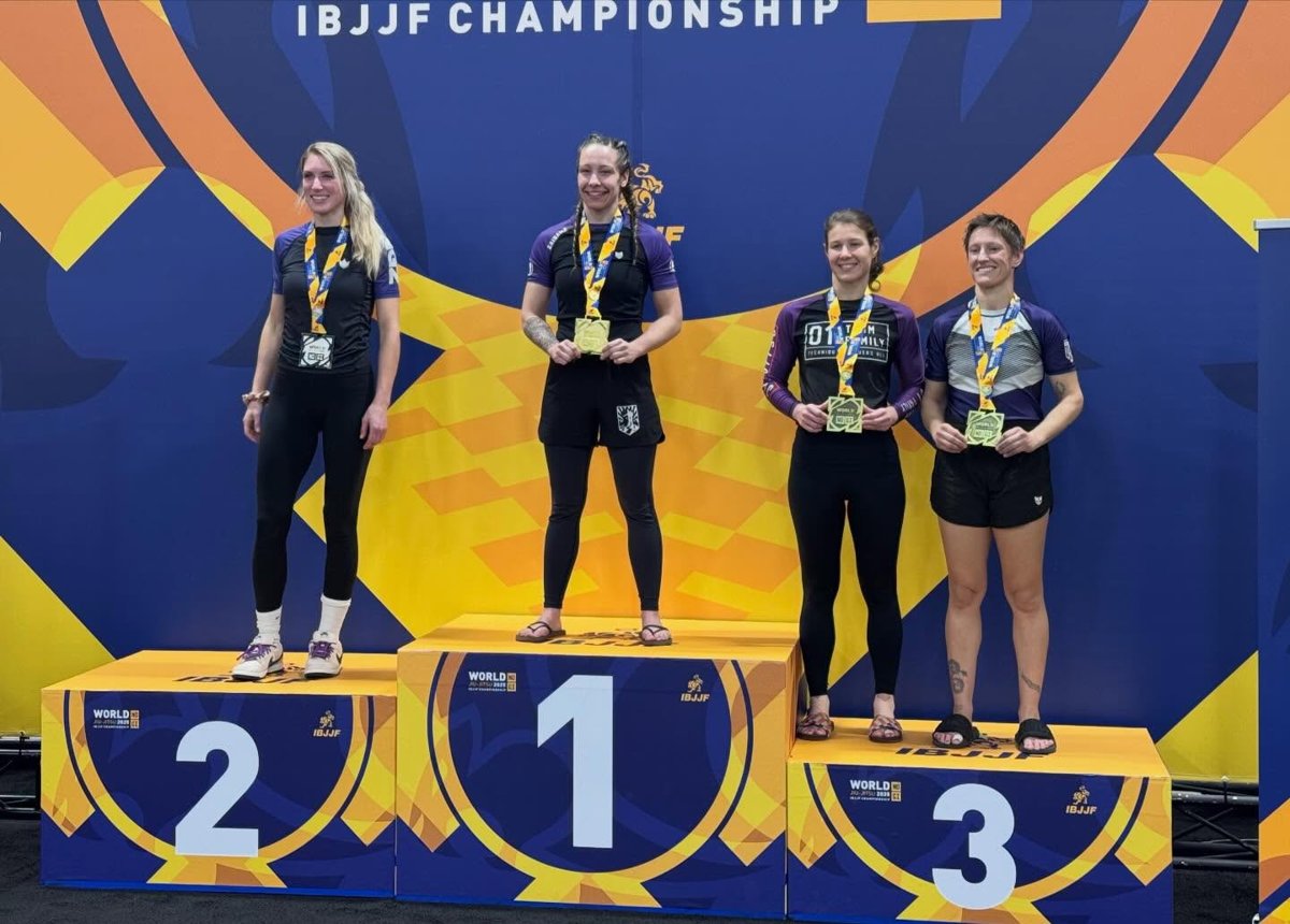 Stacy Bellefleur on the top step of a Jiu-Jitsu world championship podium